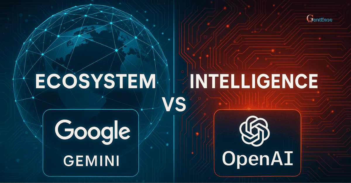 Cover image comparing Google Gemini and OpenAI, highlighting "Ecosystem vs Intelligence" with a split design showing a digital globe on the left and circuit patterns on the right.