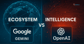 Cover image comparing Google Gemini and OpenAI, highlighting "Ecosystem vs Intelligence" with a split design showing a digital globe on the left and circuit patterns on the right.