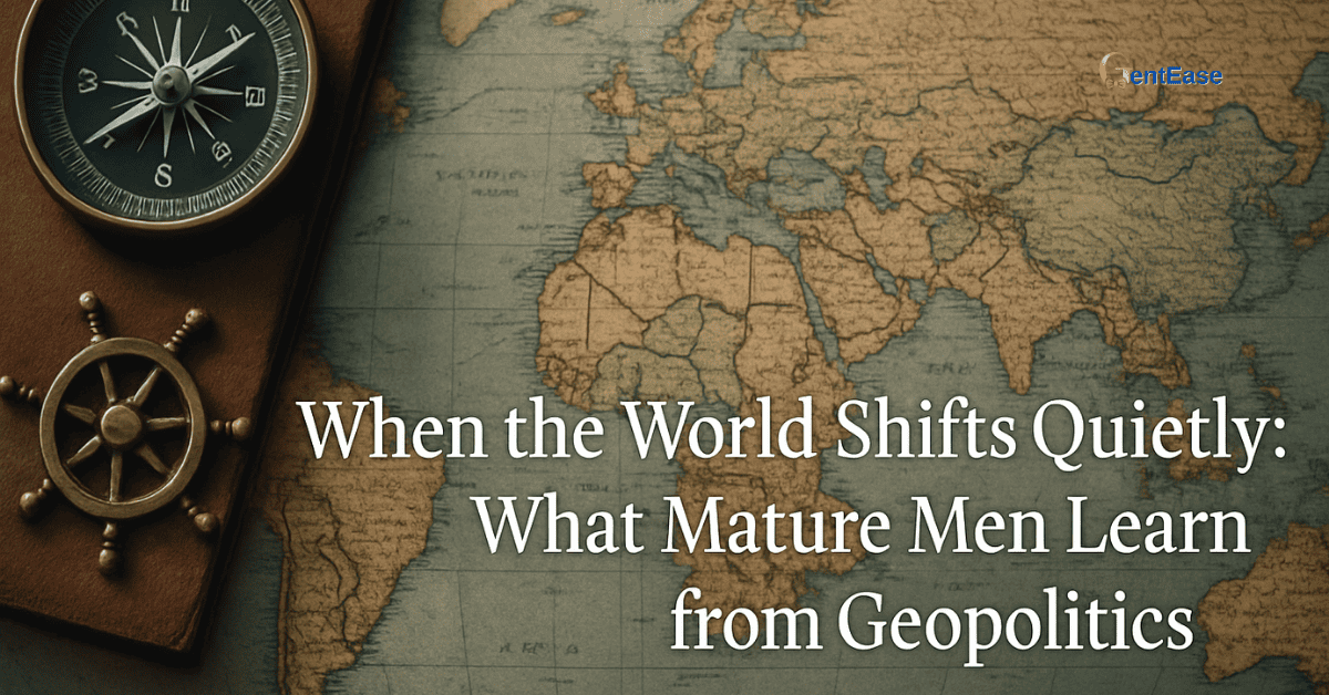 A vintage world map with a nautical compass and journal beside it, visually introducing the blog title “When the World Shifts Quietly: What Mature Men Learn from Geopolitics”. The image symbolizes global change, historical depth, and strategic reflection.