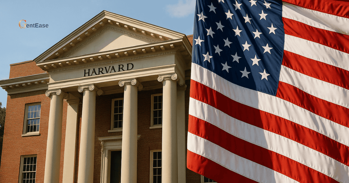 Harvard University building with large American flag in foreground, symbolizing political tension and national identity.
