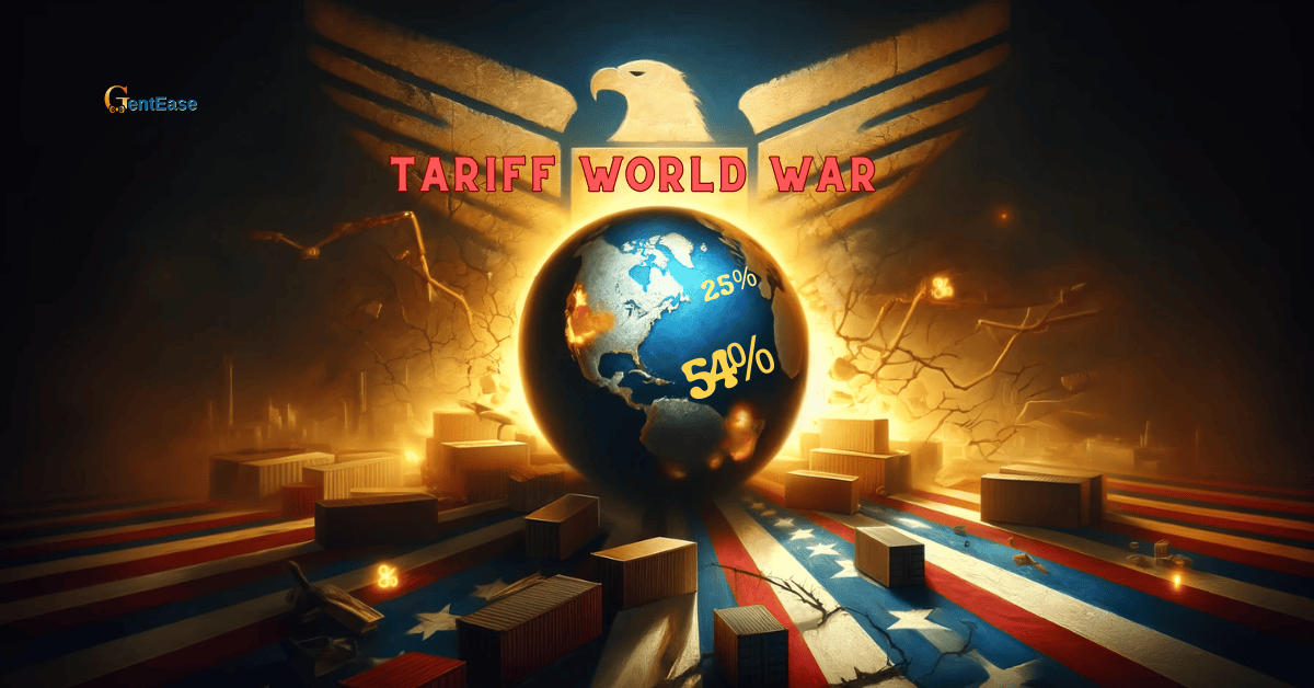 Oil painting of a fractured global trade map titled ‘Tariff World War’, showing broken supply chains, shipping containers, and a shadowed U.S. eagle symbolizing global economic disruption due to U.S. tariffs.
