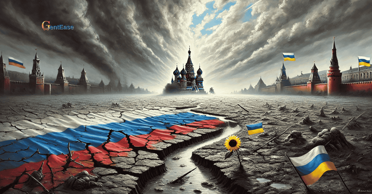 Oil painting-style image of a desolate battlefield blending into the Kremlin under storm clouds, with a torn Russian flag on cracked earth and a standing sunflower beside a Ukrainian flag—symbolizing war, resistance, and political entrapment.
