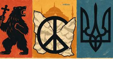 Russia-Ukraine peace talks illustration: bear, peace sign, and Ukrainian trident symbols in conflict context.