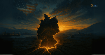 An oil painting-style image showing the silhouette of Germany cracked open with golden light bursting from within, set against a backdrop of mountains and sunrise — symbolizing Germany’s awakening.