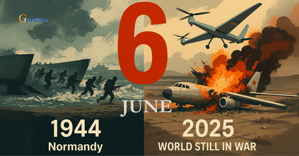 Alt: Split image of June 6 showing 1944 D-Day Normandy landing and 2025 Ukraine war with drones and explosions.
