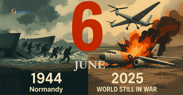 Alt: Split image of June 6 showing 1944 D-Day Normandy landing and 2025 Ukraine war with drones and explosions.