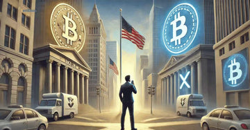 Illustration of a man in a financial district surrounded by symbols of Bitcoin and the U.S. dollar, with the American flag in the background—representing the impact of the 2025 STABLE Act on digital currency and the U.S. financial system.