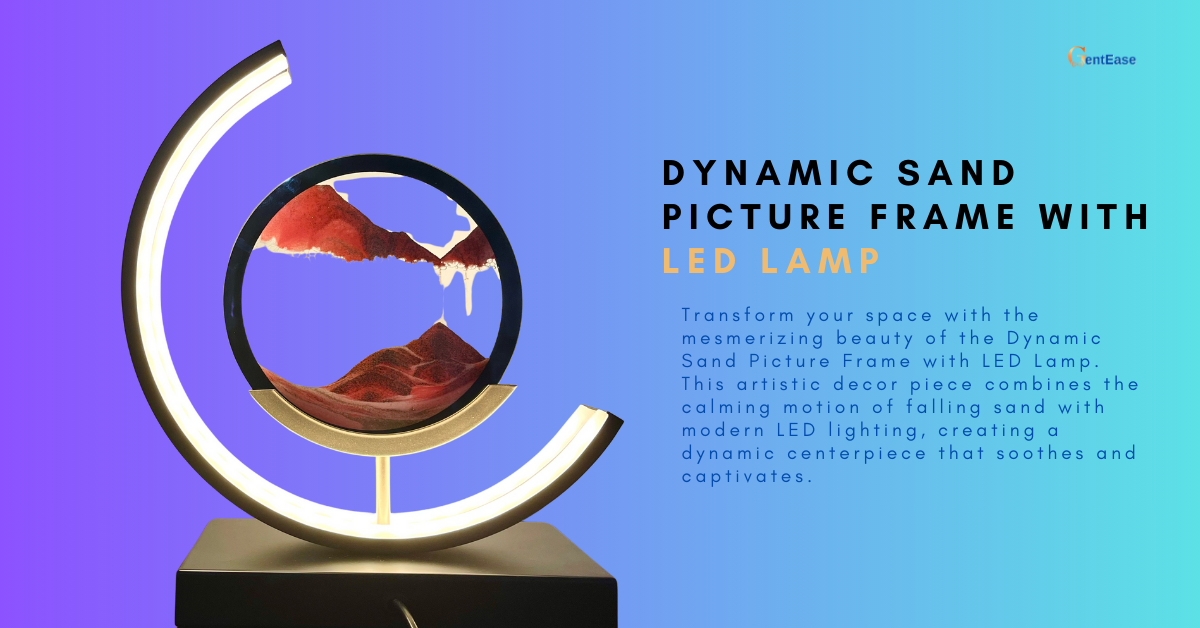 GentEase Dynamic Sand Picture Frame with LED Lamp – Elegant black metal frame with flowing sand creating mesmerizing mountain-like patterns. Ambient LED lighting enhances relaxation. Perfect for home, office, or meditation decor.