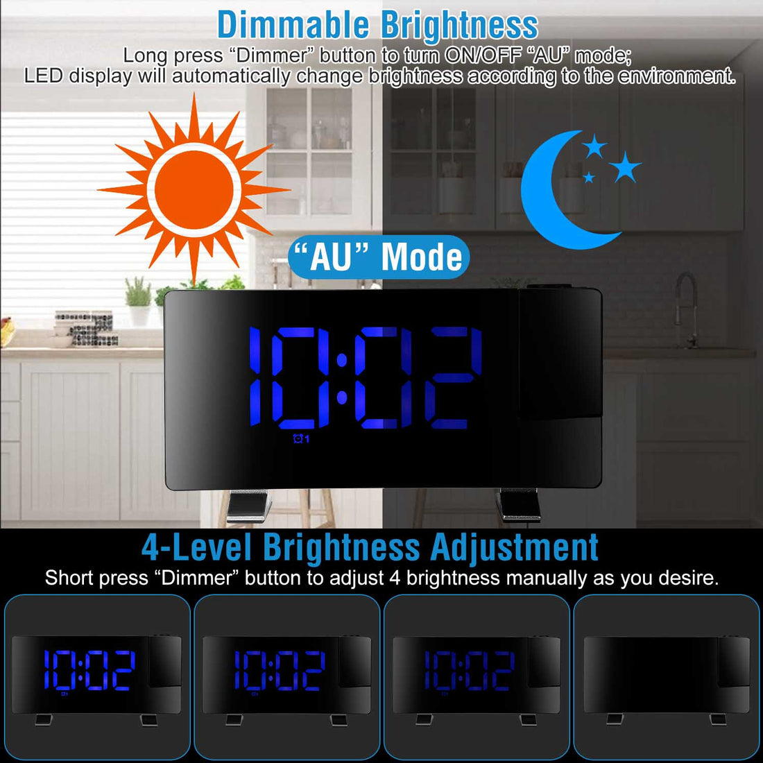 Projection Alarm Clock with FM Radio – Dual Alarms, USB Charging, 180° Rotatable Projector