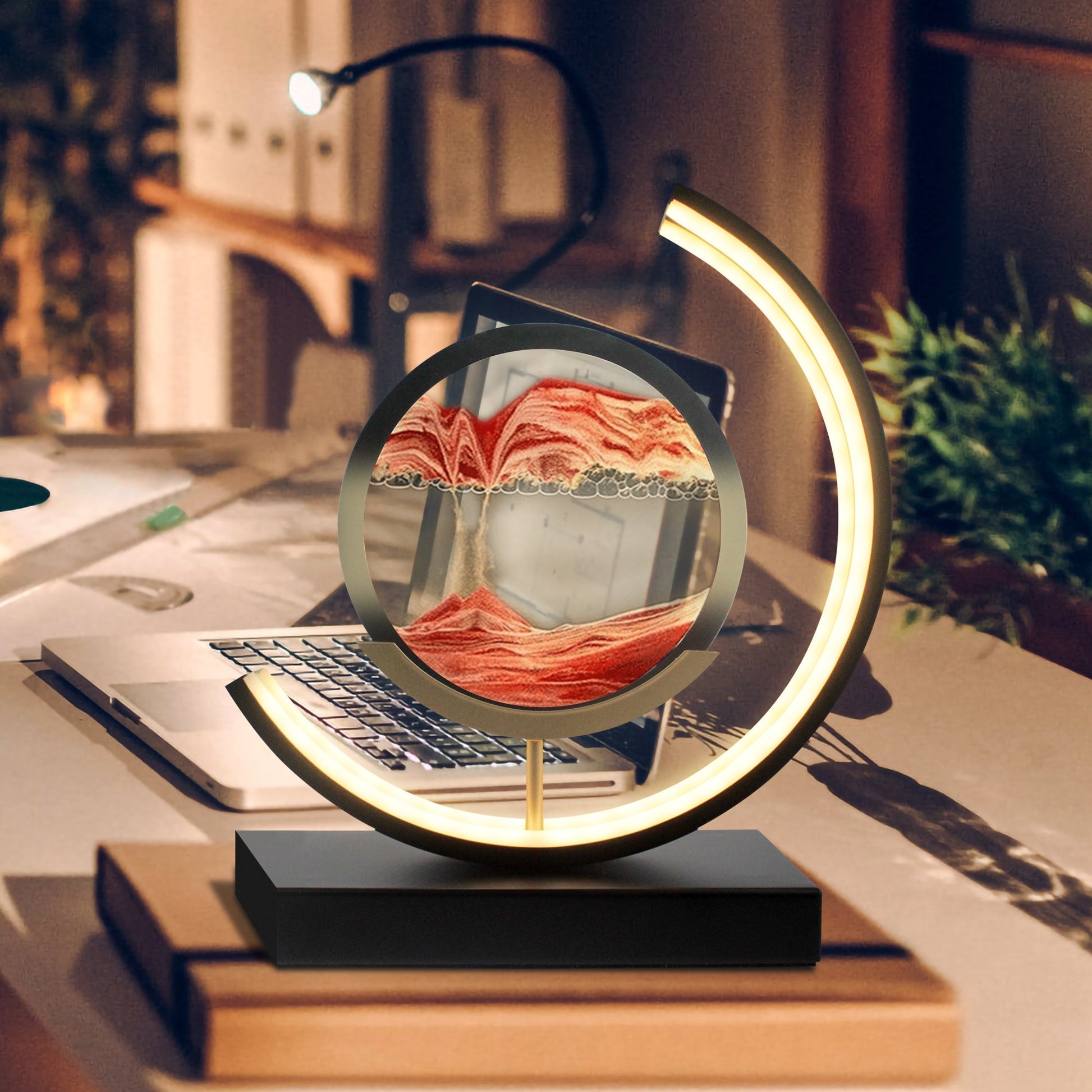 Cozy LED Sand Lamp on Wooden Desk in Bedroom
