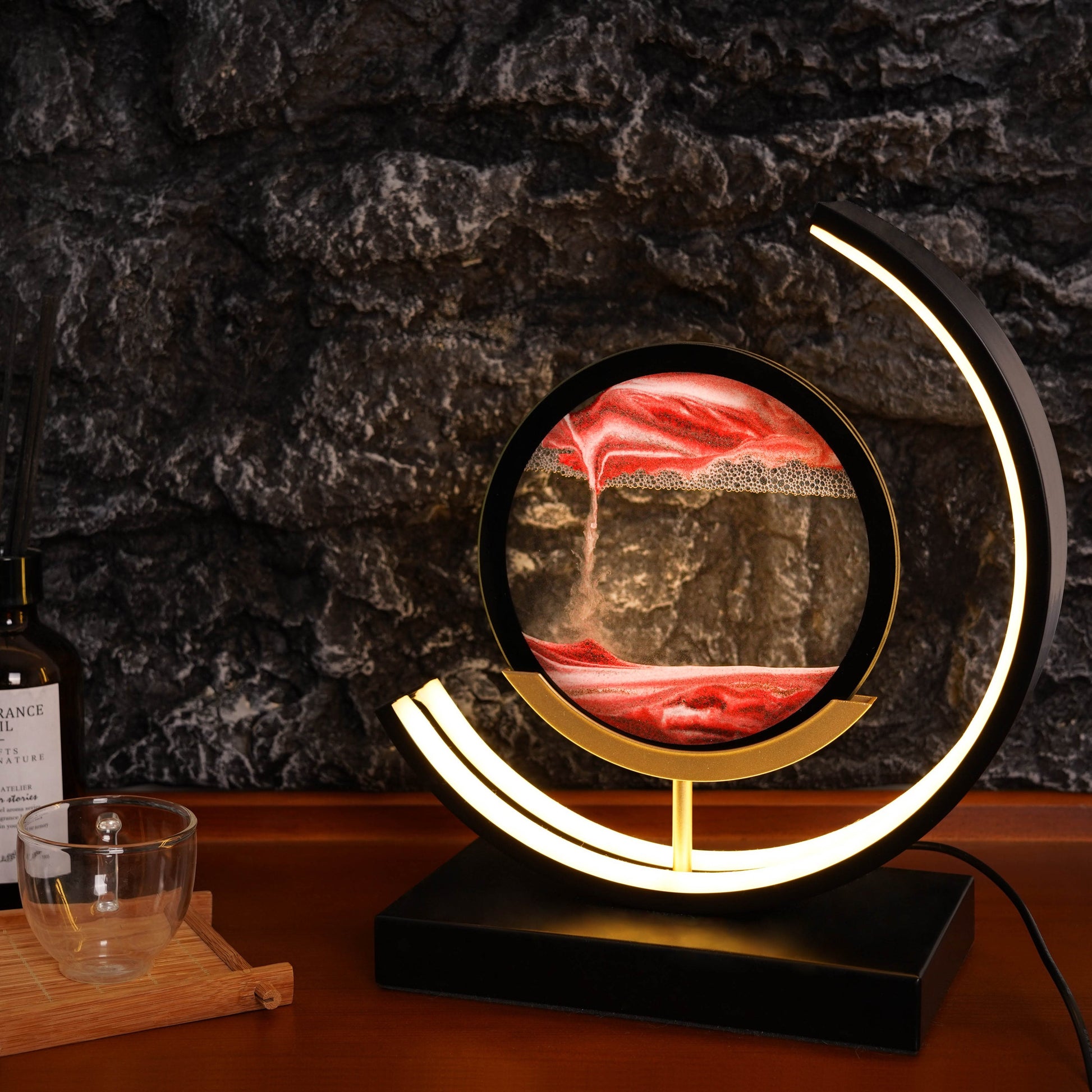 Cozy LED Sand Lamp on Wooden Desk in Bedroom